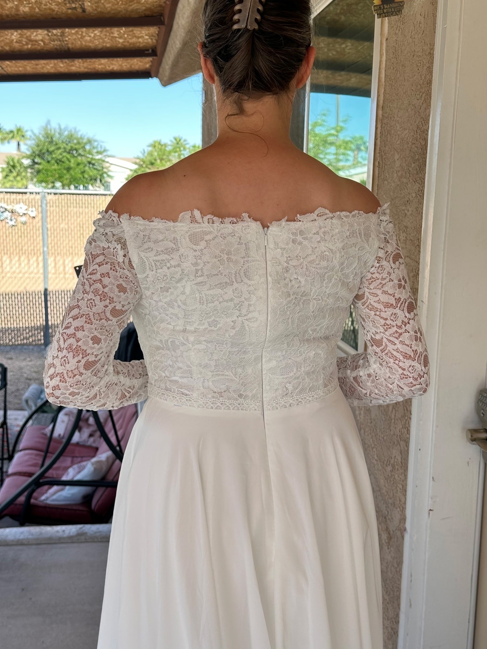 Chiffon A-Line Long-Sleeve Lace Bridal Dress in White - Picture 2 of 2